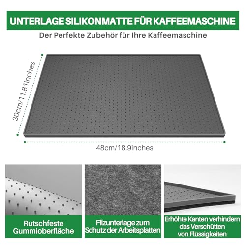 Inwee Unterlage für Kaffeemaschine, Silikonmatte für Kaffeevollautomat mit Rand, 48x30cm kompatibel mit De Longhi Magnifica, Philips LatteGo, Siemens EQ6, leicht zu verschieben (Grau) 2