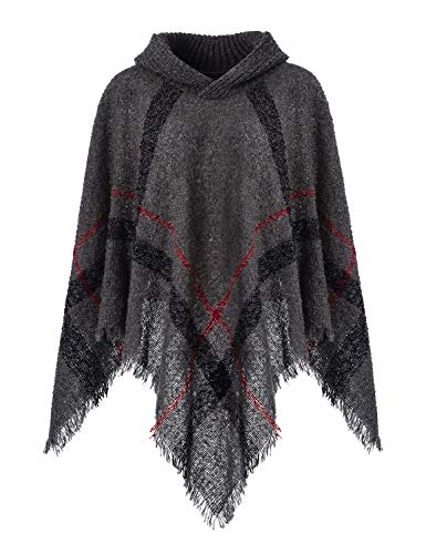 Ferand - Pull Poncho Cape Doux et Chaud en Tricot à Grands Carreaux - Femme - Taille Unique ( Convient mieux S - L) - Version à Capuche: Gris foncé Cover
