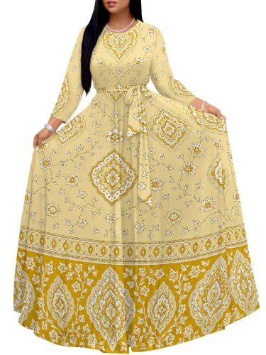 Image of Women Plus Size Long Sleeve V Neck Maxi Dress with Belt | Soft fabric relaxed fit three quarter sleeve v neck with pockets for party and daily wear