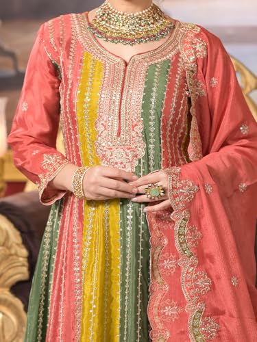 Image of INDA ERA Women's Multi Silk Blend Embroidered A-Line Kurta & Palazzo with Dupatta Set (KH9ML6654)