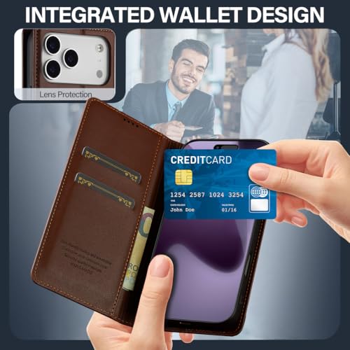 Étui en cuir iPhone 17 Pro Max à rabat portefeuille et support marron