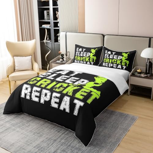 Homewish Boys 100% Cotton Duvet Cover Single,Fluorescent Green Cricket Bedding Set for Kids,Eat Sleep Cricket Comforter Cover,Sports Cricket Player Bed Sets with 1 Pillowcase - Image 3