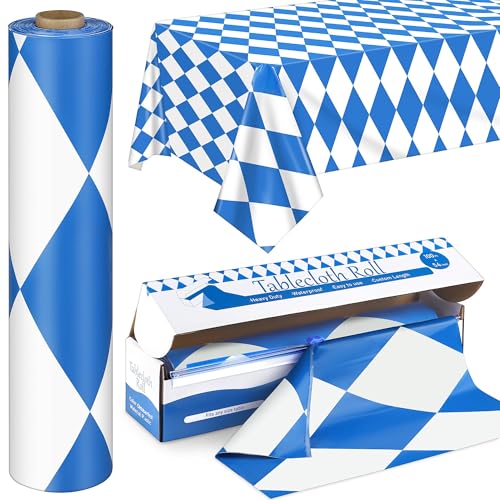 Image of Kochorie100 Ft x 54 Inch Oktoberfest Plastic Tablecloth Roll with Slide Cutter Box Disposable Bavarian Blue & White Argyle Design, Waterproof Blue Diamond Table Cover for Festivals Events Party Decor