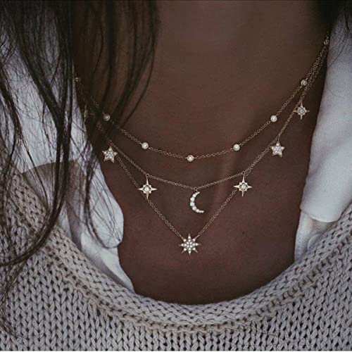 Bufenia Boho Star Halskette Layered Moon Pendant Choker Halsketten Crystal Fashion Neck Chain Schmuck für Frauen und Mädchen Cover