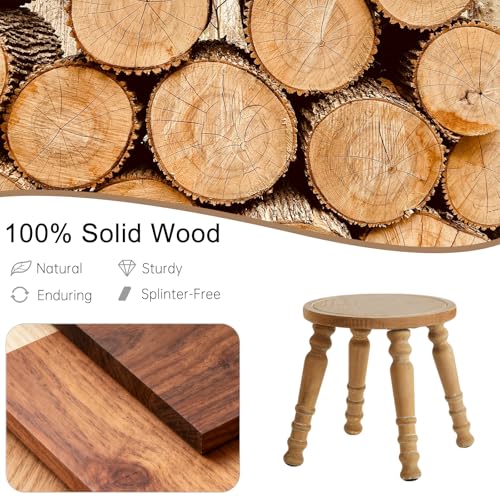 Image of 100% Solid Wooden Step Stool, Small Wooden Stool for Adults, Wood Plant Stools, Small Round Stool for Bathroom, Kitchen, Bedroom, Plant Stand