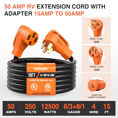 Image of Nilight 15FT 50 Amp RV Extension Cord with Adapter 15Amp to 50Amp 250V Heavy Duty 6 /3+8 /1 Gauge Pure Copper STW Wire UL ETL Listed 4 Prong 14-50P 14-50R Weatherproof Suit for Generators Camper