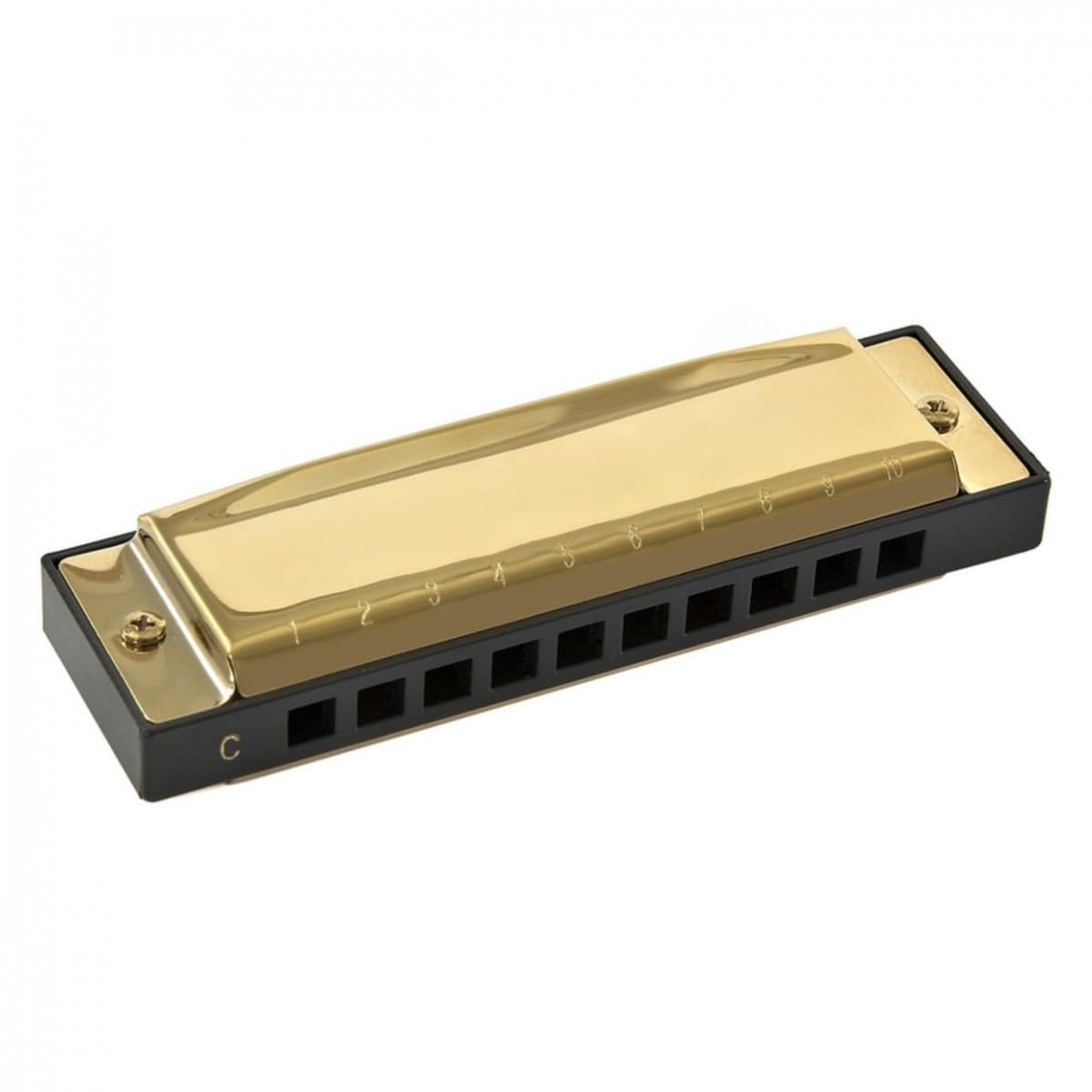 Set di 7 armoniche Golden Blues con 10 fori di Gear4music | Set di 7 Armoniche in Diverse Tonalità A Bb C D E F G, Custodia da Esposizione con Interno in Peluche, 10 Foro