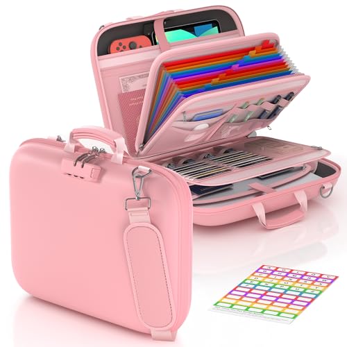 Image of Nacial Fireproof Document Box with Lock & Shoulder Strap, Hard-Shell Fireproof File Organizer with 13 Pocket Accordion File Folder, Portable Safe Storage for Important Documents, Laptop, Pink