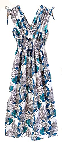 Image of Plum Feathers Casual Smocked Dress, Exotic Print Maxi /Midi Dress, V Neck, Plus & Regular Sizes, Maternity /Nursing Dresses
