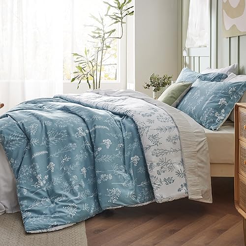 Image of Bedsure Full Comforter Set - Mineral Blue Bed Set, 3 Pieces Cute Floral Bedding, 1 Soft Reversible Botanical Flowers Comforter and 2 Pillow Shams