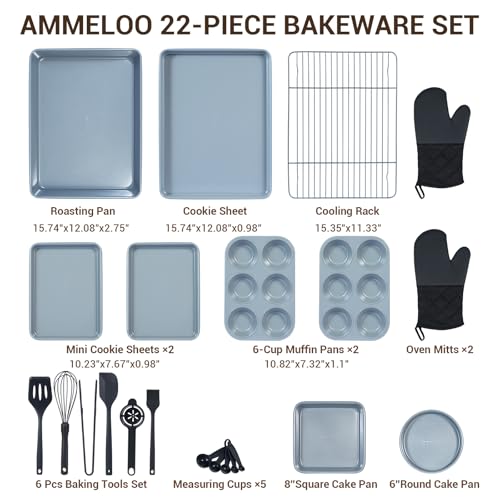 Ammeloo 22-Piece Baking Pans Set Stackable Bakeware Non Stick Baking Set Non Toxic Oven Pans, Including Roasting Pan, Cookie Sheets, Muffin Pans, Cake Pans, Oven Mitts and Utensils(Gray & Stone Black) - Image 4