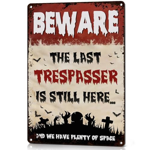 NEGLAI Halloween Graveyard Decorations Funny No Trespassing Signs Scary Halloween Cemetery Fence Decor Outdoor Yard Sign 12x8 Inch