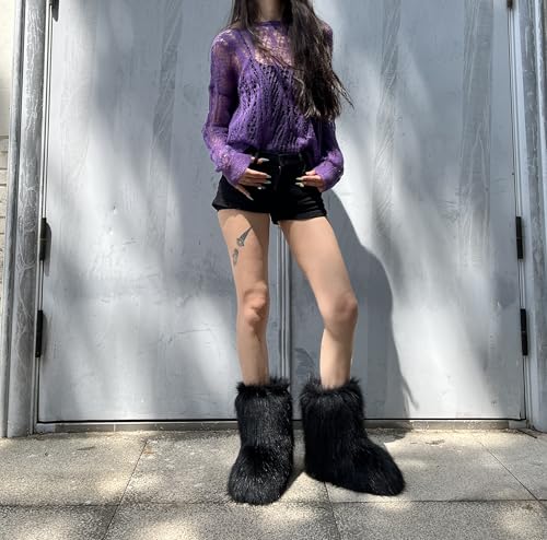 Women's Faux Fur Boot, Round Toe Suede, Warm Snow Comfy Plush Short Flat Mid-Calf and Knee High Furry Fluffy Boots2