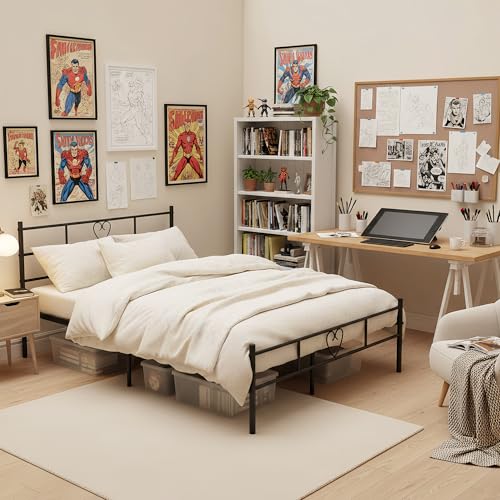 Double Bed Doppelbett Metallbett Bettrahmen Bettgestell für 140x190CM Matratze, Metall Bodenbett Schlafzimmer Bett mit Kopfteil Geeignet für Gästebett Jugendbett Seniorenbetten/Schwarz/Stil B – Bild 7