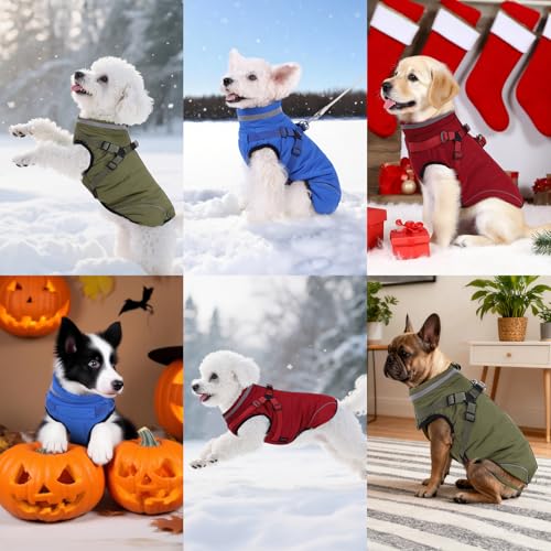 Poseca Hundejacken für den Winter Winddicht Wasserdicht 2 in 1 Outfit Kaltwettermantel Hundewestengeschirr Welpen Reißverschluss Warme Jacke