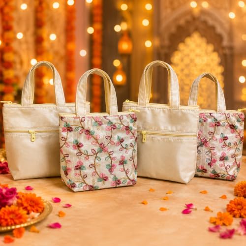 Image of Habba Embroidered Floral Tote Bag for Women, Zip Closure Compact Ethnic Festive Wedding, Mehendi, Haldi, Navratri, Diwali, Baby Shower, Gruhapravesam Return Gift Bag, Pack of 10
