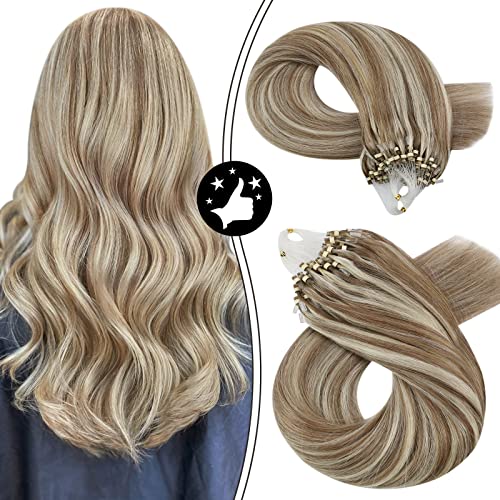 Moresoo 18 Inch Microbead Hair Extensions Human Hair Micro Ring Hair Extensions Straight Hair Color #9A Brown Highlighted with #60 Platinum Blonde Micro Loop Human Hair Extensions 50g 50s