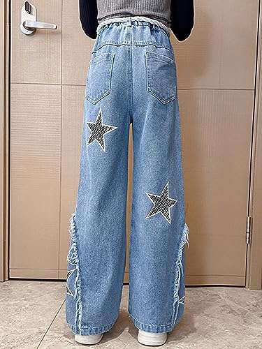 TiaoBug Girls Star Printed Jeans Kids Casual Wide Leg Jeans Vintage Distressed Denim Pants Washed Trousers with Pockets4