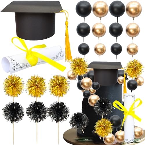 Ephlyn 42 Pack 2025 Graduation Cake Toppers Grad Cap Diploma Balls Tassel Firework Congrats Grad Cake Decorations for 2025 High School College Senior Graduation Supplies Black Gold Ephlyn 42 Pack 2025 Graduation Cake Toppers Grad Cap Diploma Balls Tassel Firework Congrats Grad Cake Decorations for 2025 High School College Senior Graduation Supplies Black Gold
