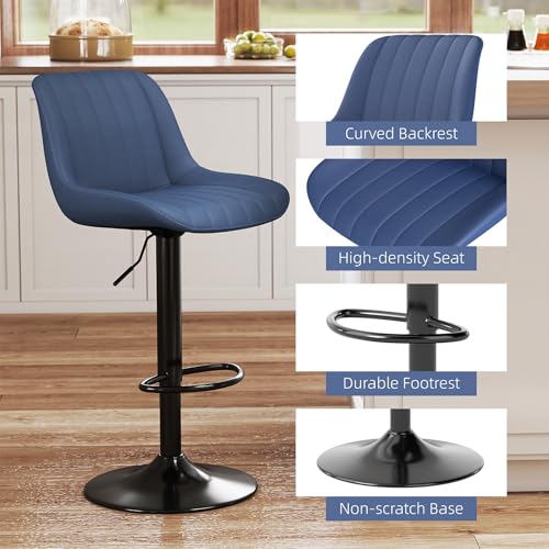 Image of Youhauchair Adjustable Faux Leather Bar Stools Set of 2, Blue | Swivel, Counter Height, Back & Footrest, Armless, PU, Modern, Kitchen Island Stool, Upholstered Dining Room Chair