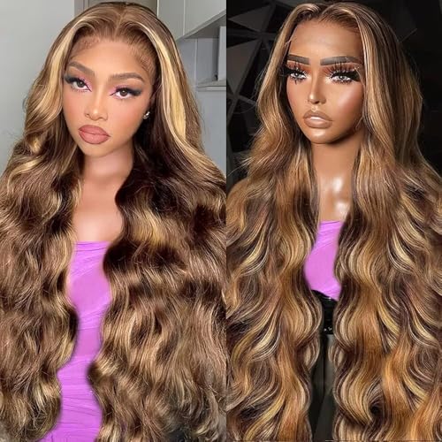 26 Inch Honey Blonde Ombre Highlight 13x6 Lace Front Wigs Human Hair...