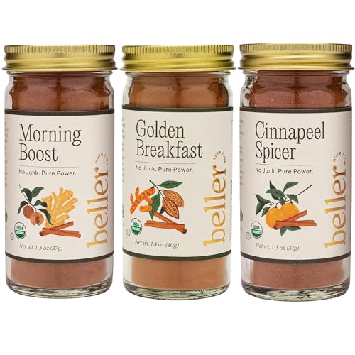 Beller Nutrition Organic Spice Blend Collection | 3-Pack | Morning Boost, Cinnapeel, Golden Breakfast | No Salt Added, No Artificial Ingredients, USDA Organic Seasonings for Cooking &amp; Baking