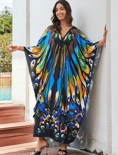 Image of KECVOT Kaftan Dresses for Women Plus Size Batwing Sleeve Caftans Long Bathing Suit Cover Up Maxi Beach Dress Loungewear