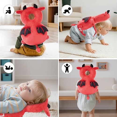 Image of Baby Head Back Protector Backpack Toddler Safety Protector Cushion Pad Soft, Adjustable and Lightweight Design for Safe Walking and Crawling Toddlers Girls and Boys(Red Devil)