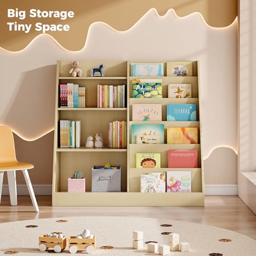 Image of Tatub 6 Tier Kids Wooden Bookshelf and Toy Storage, Children Toy Organizer with Upgraded Book Shelves, Toddler BookRack Baby Bookcase for Nursery, Playroom and Classroom, Natural Wood