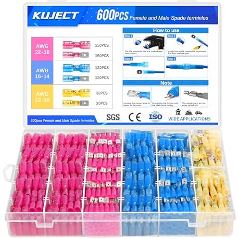 Kuject 600PCS Heat Shrink Wire Connectors, 22-10 AWG Electrical Insulated Male Female Wire Spade Terminals, Quick Disconnect Waterproof Crimp Butt Terminals for Automotive Marine Boat Truck Cover