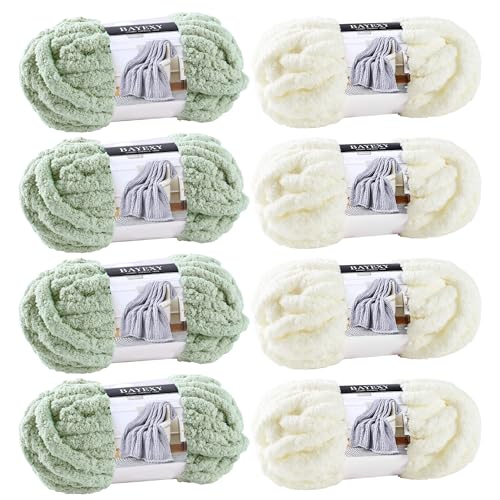 Image of Chunky Chenille Yarn for Hand Knitting 8 Jumbo Pack Jumbo Chunky Yarn for Hand Soft Blanket Knitting, Bulky Thick Fluffy Yarn for Crocheting (Sage Green+Milky White)