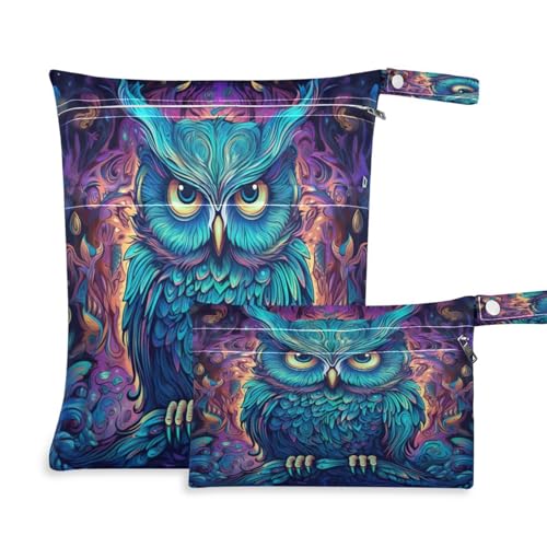 ATTX Neon Owl Wet Dry Bags 2-Pack - Reusable Cloth Diaper Storage for Travel, Beach & Gym | Multi-Use Waterproof Bags for Swimsuits, Baby Clothes, Sports Gear#198