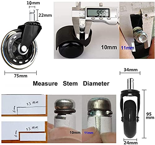 Yemi Bureaustoelwieltjes met harde vloeren, zeer stil, draaibare wielen voor bureaustoel, bureaustoel ... 75MM,10x22MM - Afbeelding 3