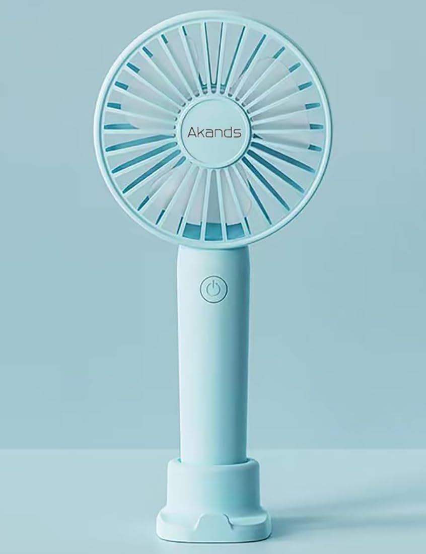 AKANDSMini Portable Electric Fan, USB Rechargeable Handheld Fan Three-Speed Adjustment, Personal Fan with Phone Holder Base, Lightweight Fan for Stylish Girls, Women and Men Indoor Outdoor (Blue)