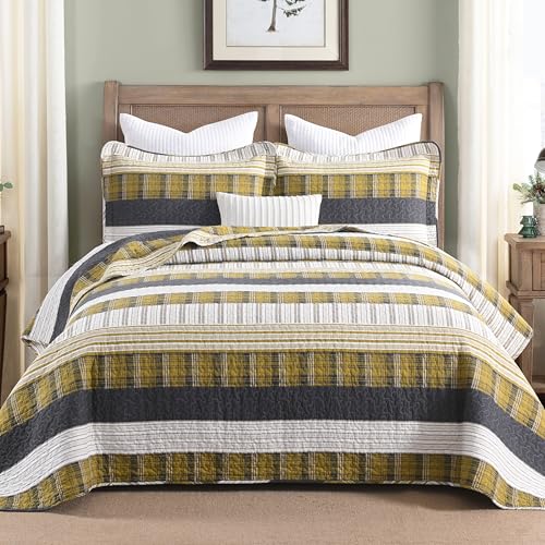 Image of Homzard King Comforter,Cotton King Size Quilt,Amber Green Black Bedding Set,Plaid Striped Bedspread,Lightweight Reversible Coverlet 3 Pieces
