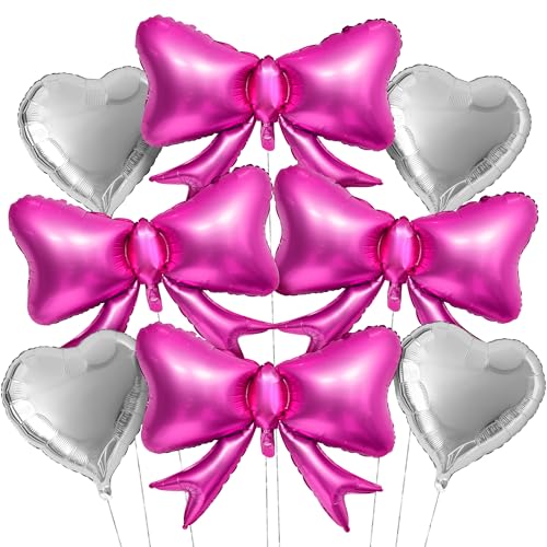 Image of KatchOn Silver Foil Heart Balloons Set - 25 Inch, Pack of 8 | Pink Bow Balloons, Heart Shaped Balloons for Galentines & Valentines Day Decorations