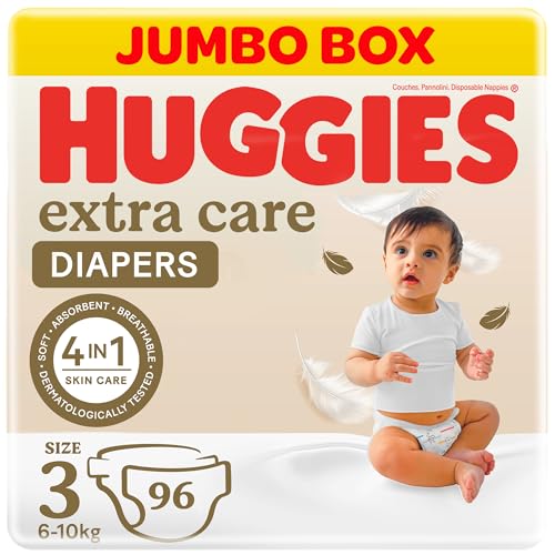 Huggies Extra Care Baby Diapers Size 3 (5-9 kg) Jumbo Box of 96 Diapers Soft Pillows Absorb in Seconds Absorbent Channels and Stretchy Waistband 12h Day & Night Protection