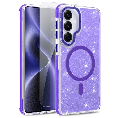 Image of Magnetic Case for Samsung Galaxy S26 Plus [Compatible with Magsafe] [Bling Glitter Fluorescent Design] [1 Screen Protector] Slim Translucent Matte Case for Galaxy S26 Plus 6.7 inch, Purple