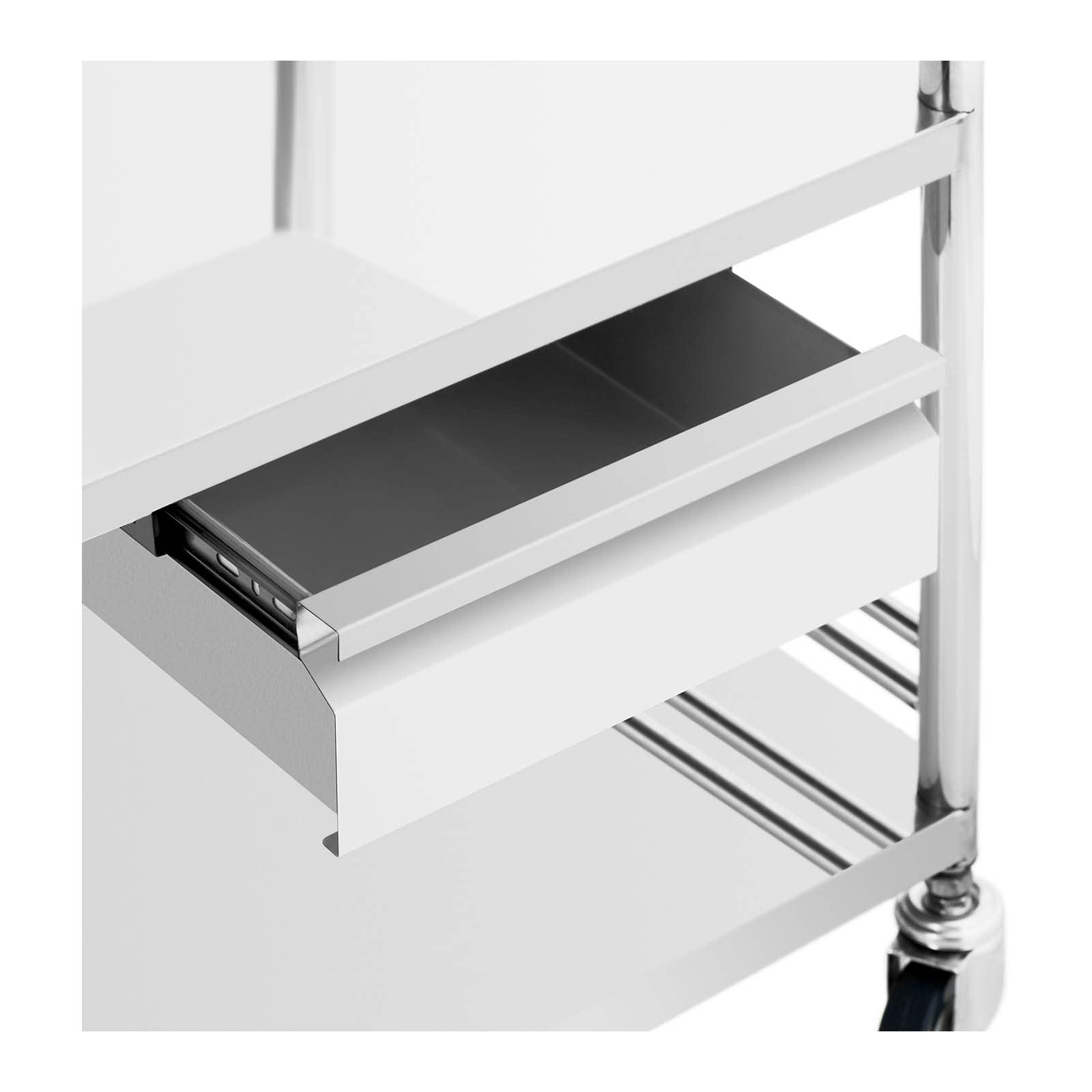 Steinberg Systems SBS-LF-165 Laborwagen Edelstahl 3 Ablagen (41 x 35 x 2,5 cm / 41 x 46 x 2,5 cm) 1 Schublade 30 kg Aufbewahrungswagen