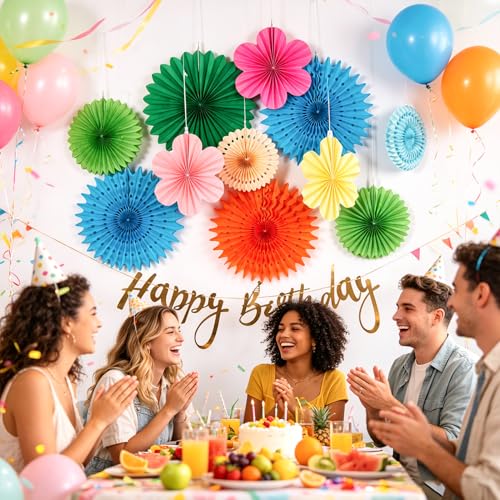 Image of PAPER JAZZ Flowers Paper Birthday Party Decorations Happy Birthday Banners Red and Blue Paper Fans Classroom Decor Flower Wall Decor Hanging Ceiling Decorations
