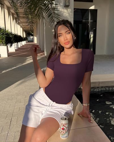 Image of OQQ Women's 2 Piece Bodysuits Sexy Ribbed One Piece Square Neck Short Sleeve Bodysuits