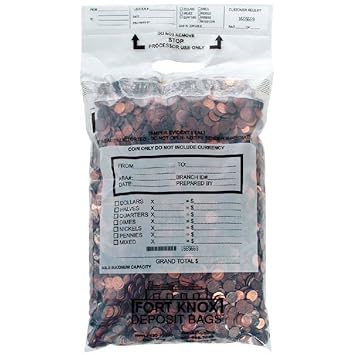 BankSupplies Poly Coin Bags | 13W x 22H | 250 Pack | Tamper Evident Seal | Single Handled | Holds up to 50 lbs. of Coin | Sequential Numbering & Tear Off Receipt