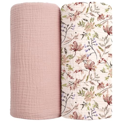 lulumoon Muslin Swaddle Blankets for Baby: Soft Cotton Newborn Receiving Blankets - Floral Print Nursery Gift Set for Baby Girls(Sand Flower)