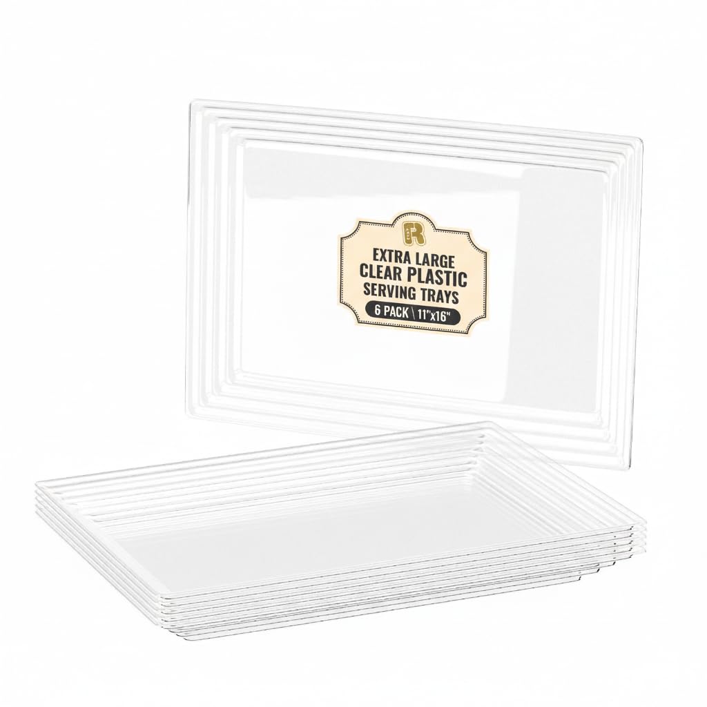 6 Pack Extra Large Plastic Serving Trays for Party - 16 x 11 Clear Plastic Tray - Heavy Duty Trays for Food - Rectangular Party Serving Trays and