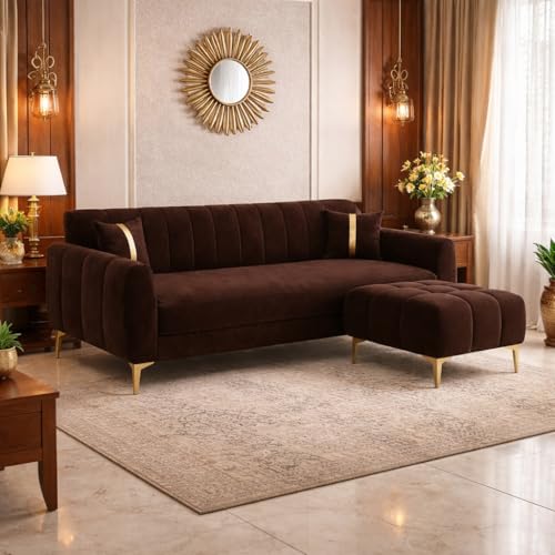 Image of Hermione 4 Seater L Shape Sofa Set with Movable Ottoman | Flexible Left or Right Layout | Luxe Velvet Suede Fabric | Comfortable Seating | Modern Sofa for Living Room -Dark Brown