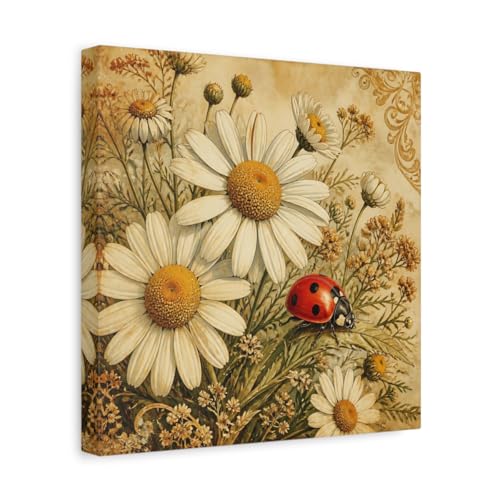 Toile marguerites et coccinelle tableau vintage salon au-dessus console 30x30 cm