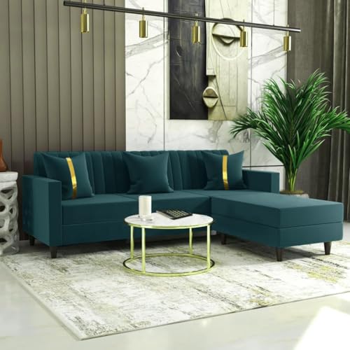 FURNY Carlo 4 Seater - L Shape Convertible Sofa Set for Living Room Furniture Sets 3 Piece Small Sofa, Modular Sectional Couch for Small Space, Upholstery-Velvet Fabric (Teal)