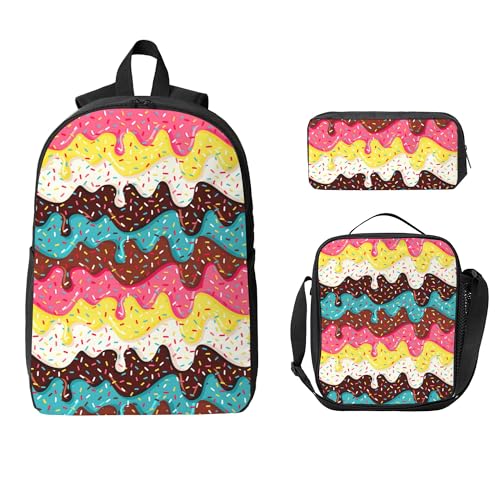 Mochila escolar para crianças, meninas, meninos, adolescentes, 3 peças, com lancheira, conjunto de estojo de lápis, bolsa leve, Sorvete