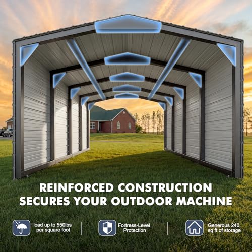 Image of Metal Carport 12x20ft Heavy Duty 2-Sided Enclosure | Military-Grade Reinforced Garage Kits with Steel Roof & Hurricane | 100lbs /Sq.Ft Snow /Camper /Truck Shelter