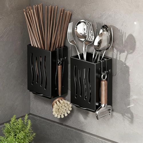 Image of Multifunctional Kitchen Utensil Rack Draining Chopstick Holder Wall-Mounted Freestanding Cutlery Storage Box (Black)